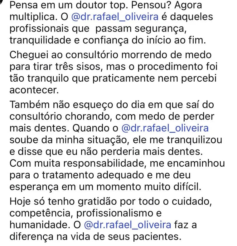 Depoimento de paciente da Clínica Odonto Face via redes sociais